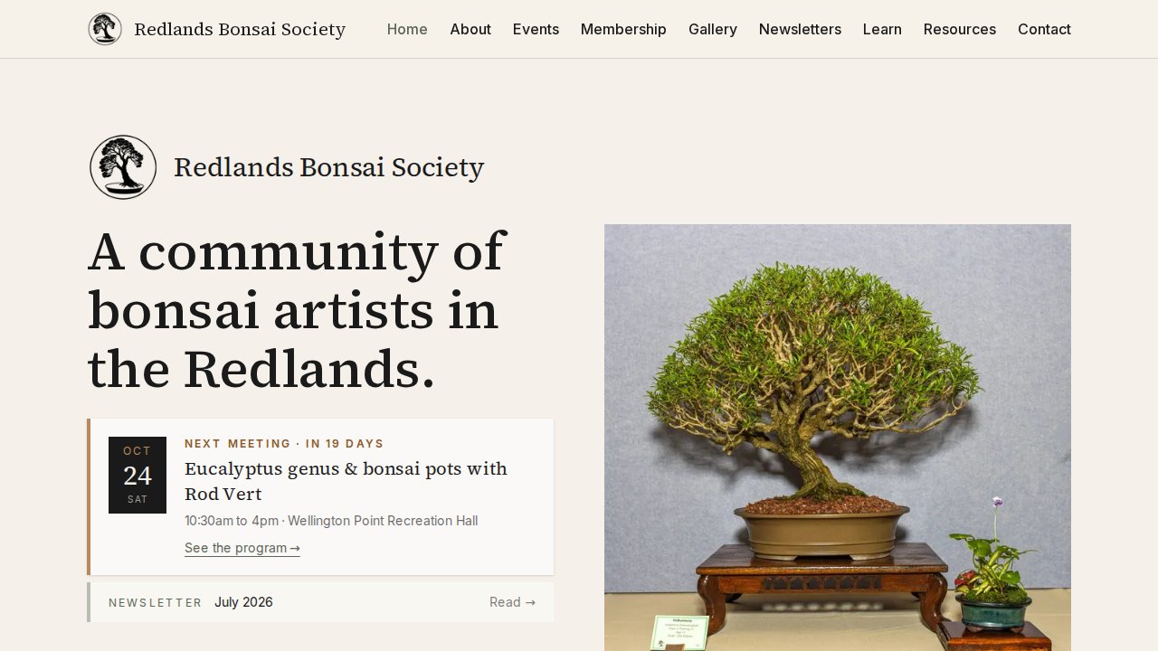 Redlands Bonsai Society website with a warm cream layout, bonsai photography and event information