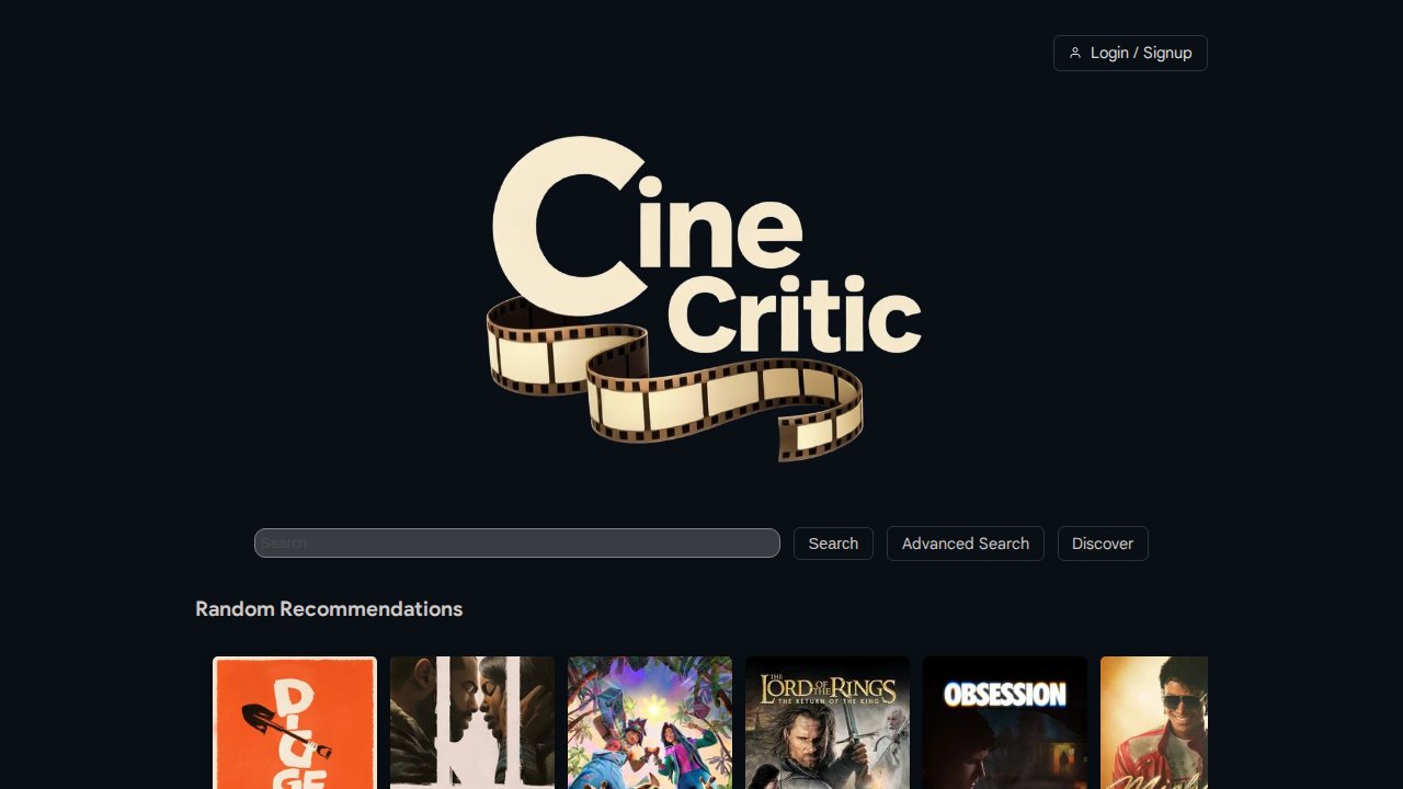 CineCritic homepage with a dark interface and rows of movie posters