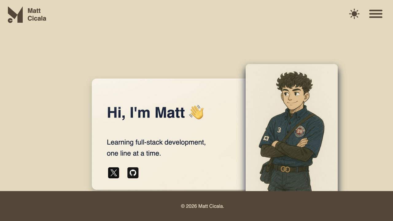 Matt’s first portfolio with a cream background, MC logo and illustrated portrait